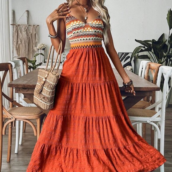 Orange Boho Women's Vacation Style Geometric Stripe Contrast Color Layered Dress - Picture 4 of 6